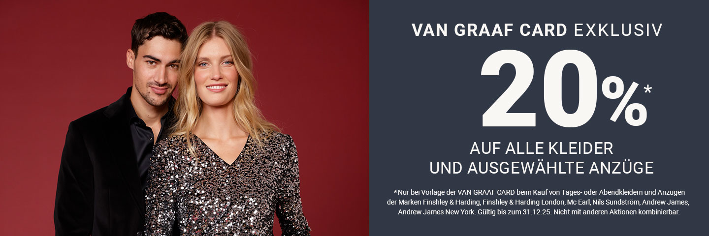 Ein stilvoll gekleidetes Paar vor einem roten Hintergrund wirbt für einen 20% Rabatt auf Kleidung und ausgewählte Anzüge mit der VAN GRAAF CARD, gültig bis zum 31.12.25, mit Bedingungen in kleiner Schrift aufgeführt.