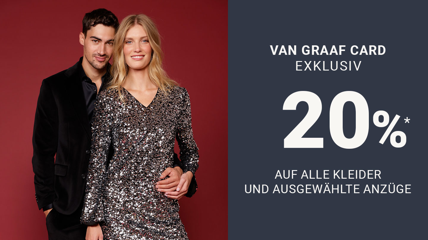Zwei Personen vor einem roten Hintergrund, die eine Frau trägt ein glitzerndes Kleid, und daneben steht ein Mann in einem schwarzen Anzug; daneben ein Werbetext mit 20% Rabatt für Kleider und ausgewählte Anzüge exklusiv mit der Van Graaf Card.