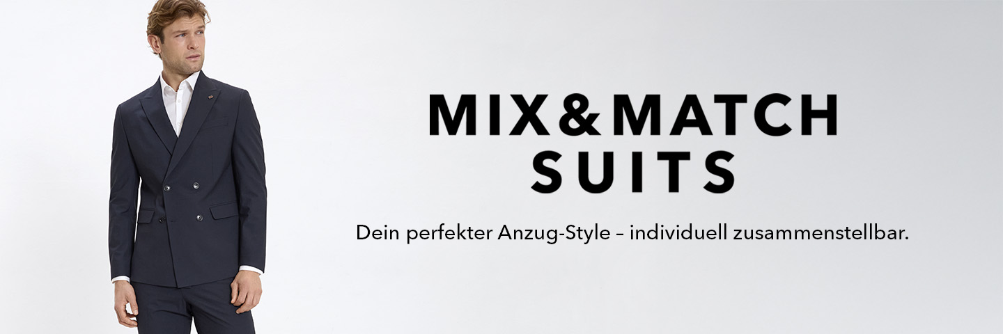 Ein Mann in einem eleganten, dunkelblauen Anzug schaut zur Seite, neben ihm steht der Text 'MIX & MATCH SUITS – Dein perfekter Anzug-Style – individuell zusammenstellbar.' auf hellem Hintergrund.