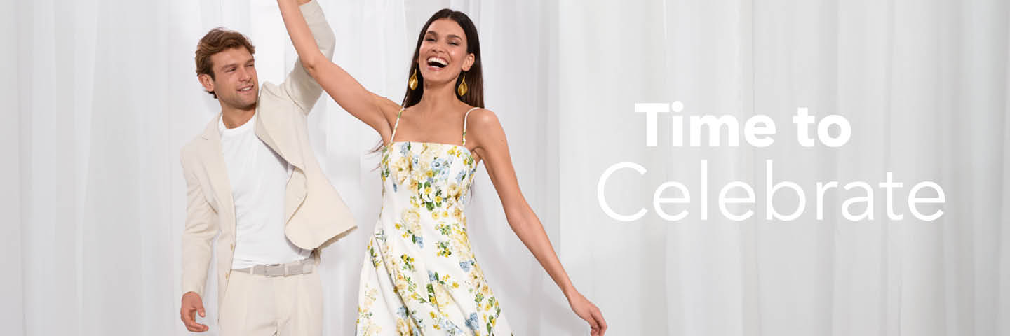 Ein Mann und eine Frau in eleganter Kleidung lächeln und tanzen vor einem weißen Hintergrund mit dem Text 'Time to Celebrate'.