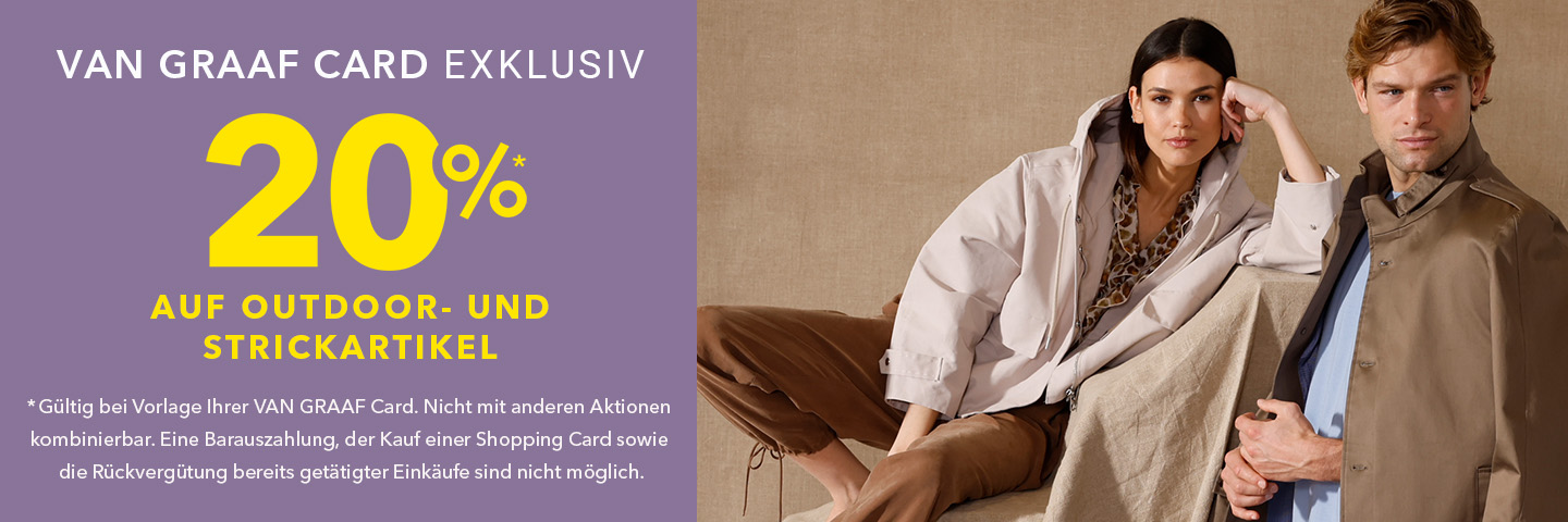Ein Mann und eine Frau in eleganter Herbstmode neben einem Rabatttext für Outdoor- und Strickartikel von 20%.