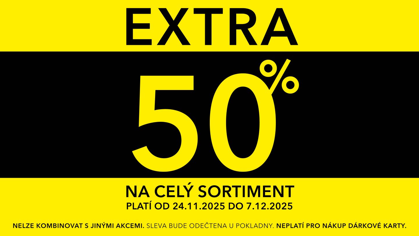 Propagace 50% slevy na celý sortiment platná od 24. listopadu 2025 do 7. prosince 2025, nelze kombinovat s jinými akcemi a nevztahuje se na nákup dárkových karet.