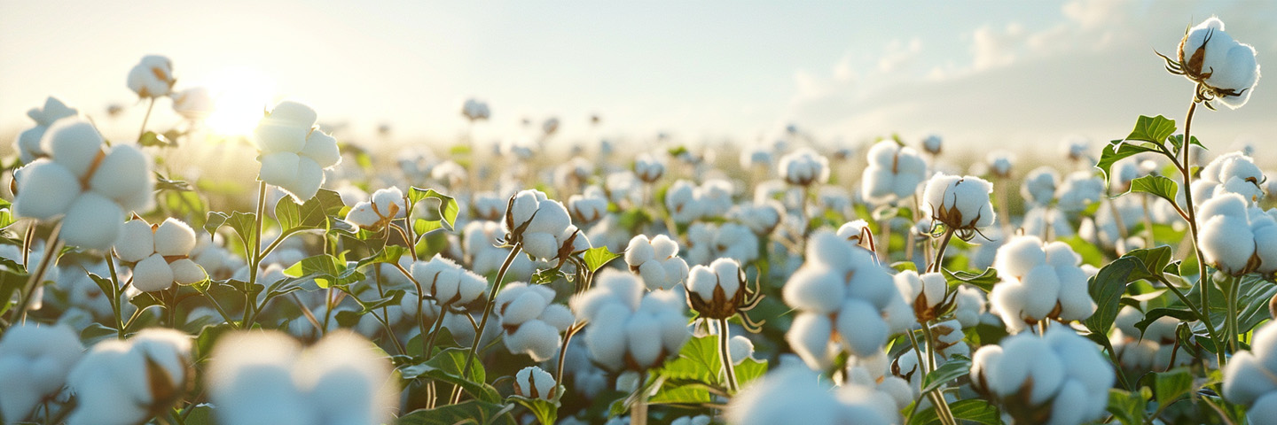 A vast cotton field with fluffy white bolls under a clear, sunny sky.
