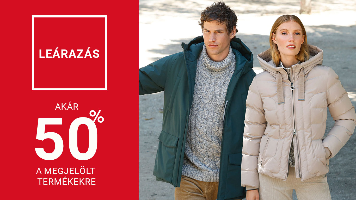 Egy férfi zöld kabátban és egy nő bézs kabátban a képen; bal oldalon piros háttérrel reklám szöveg: „Leárazás - Akár 50% a megjelölt termékekre”.