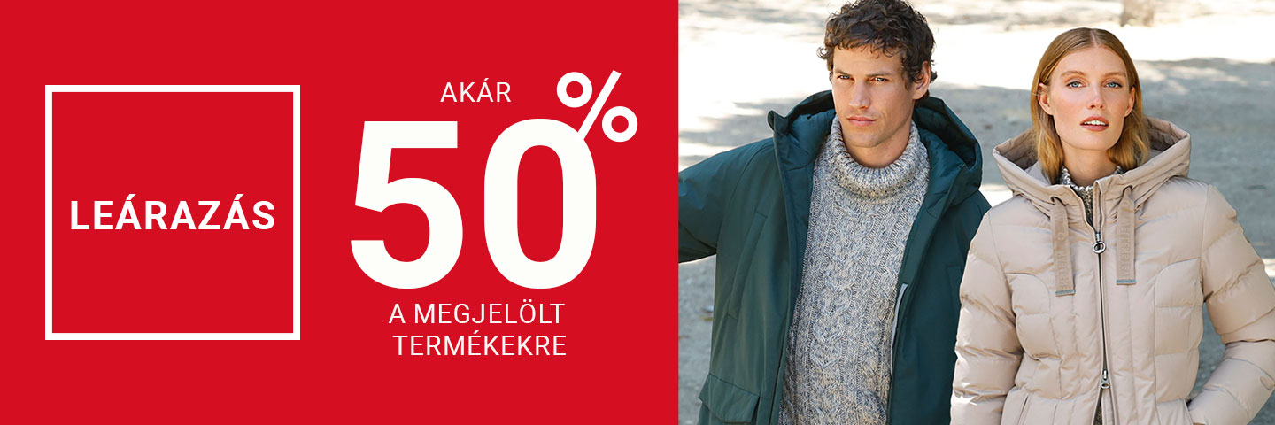 Piros háttér előtt akció hirdetése: "Leárazás akár 50% a megjelölt termékekre". A jobb oldalon egy férfi és egy nő látható meleg téli kabátban.