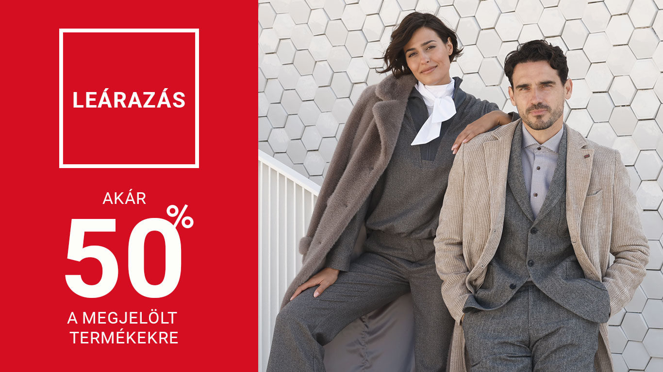 Egy nő és egy férfi elegáns ruhában, szürke háttérrel, mellette egy piros promóciós szöveg "Leárazás - Akár 50% a megjelölt termékekre" felirattal.