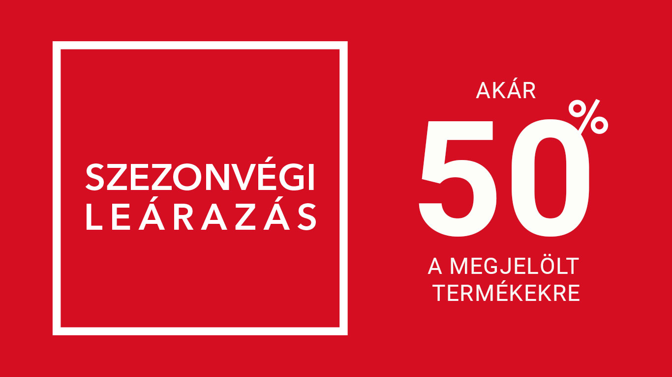Piros háttérrel készült hirdetés, amely szezonvégi leárazást hirdet, akár 50% kedvezménnyel a megjelölt termékekre.