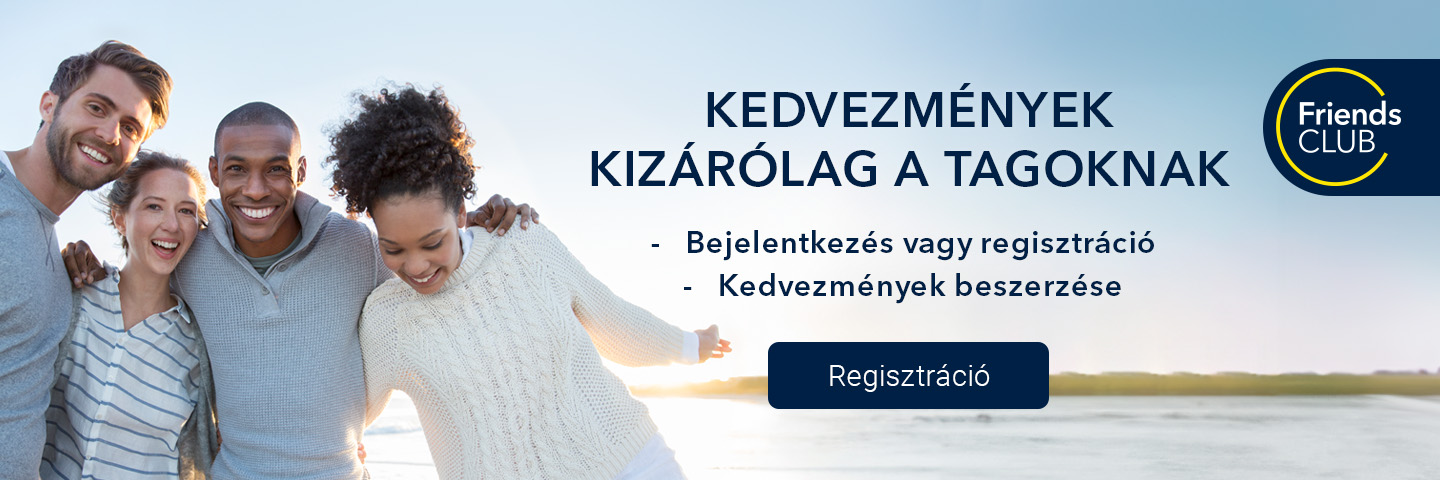 Négy mosolygós fiatal áll a természetben, a kép mellett "Kedvezmények kizárólag a tagoknak" felirat és regisztrációs gomb található.