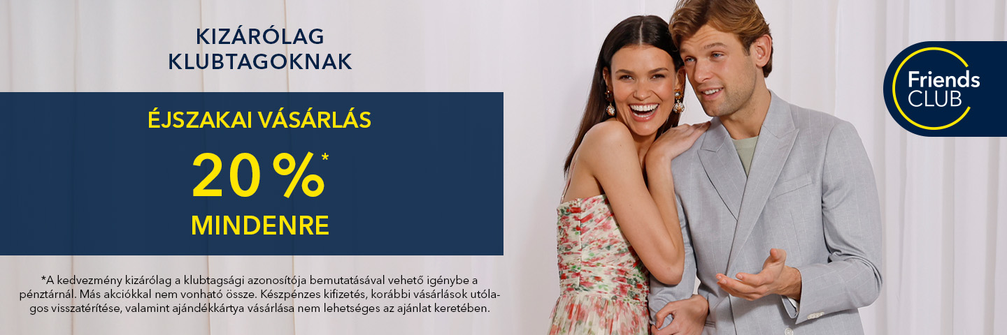 Egy fiatal pár mosolyog, mellettük "Éjszakai vásárlás 20% mindenre" felirat látható.