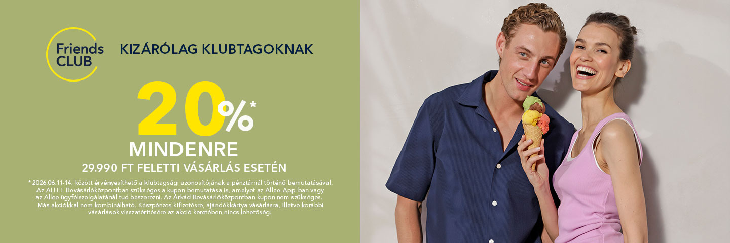 Egy férfi és nő fagyit eszik, mellettük felirat: "Kizárólag klubtagoknak 20%* mindenre 29,990 Ft feletti vásárlás esetén".
