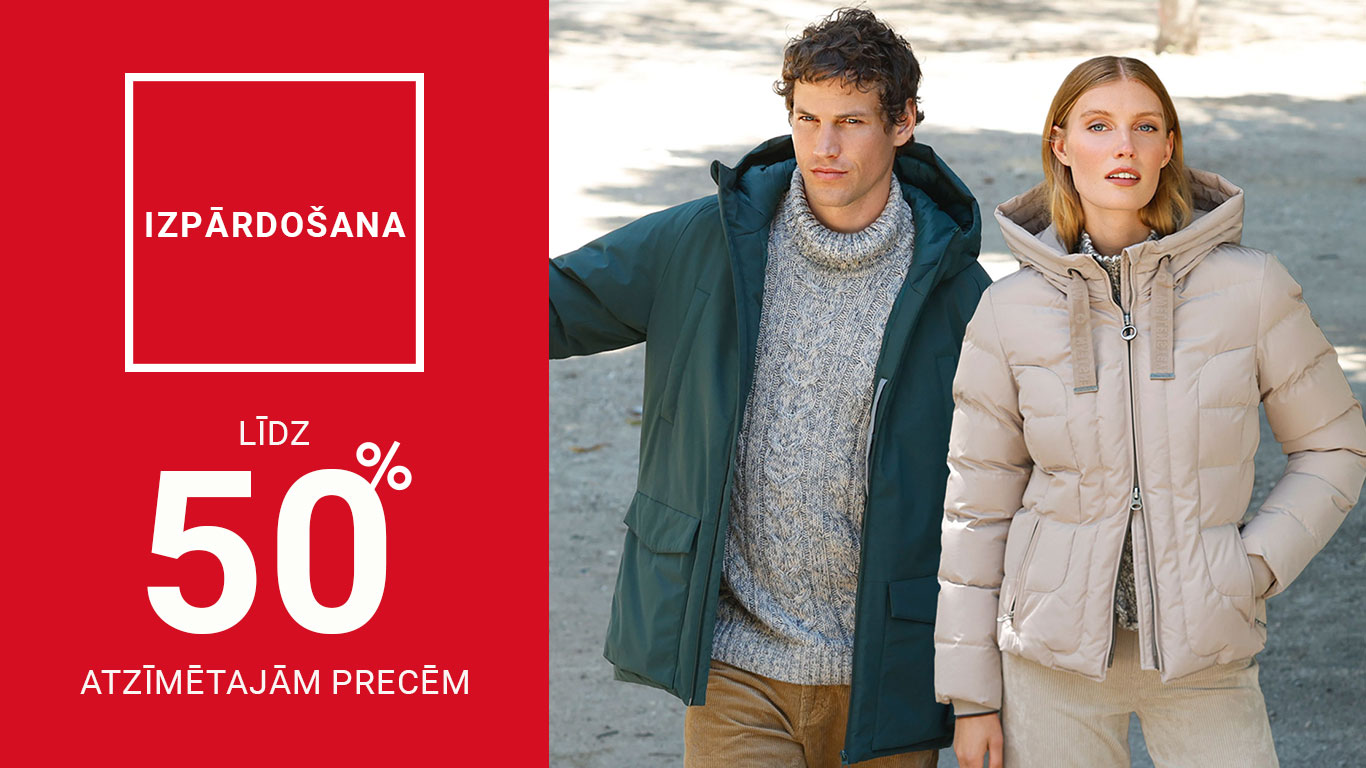 Vīrietis un sieviete valkā ziemas jakas; kreisajā pusē ir sarkans reklāmas laukums ar uzrakstu 'IZPĀRDOŠANA LĪDZ 50% ATZĪMĒTAJĀM PRECĒM'.
