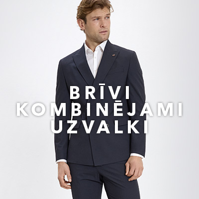 Vīrietis tumšā uzvalkā, uz kura priekšplāna teksts "Brīvi kombinējami uzvalki".