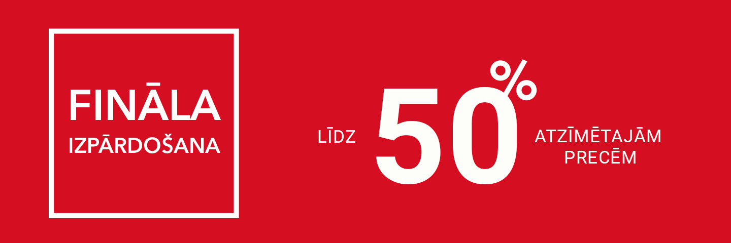 Рекламный баннер на красном фоне с текстом по-латышски: 'Финальная распродажа. Скидка до 50% на отмеченные товары'.